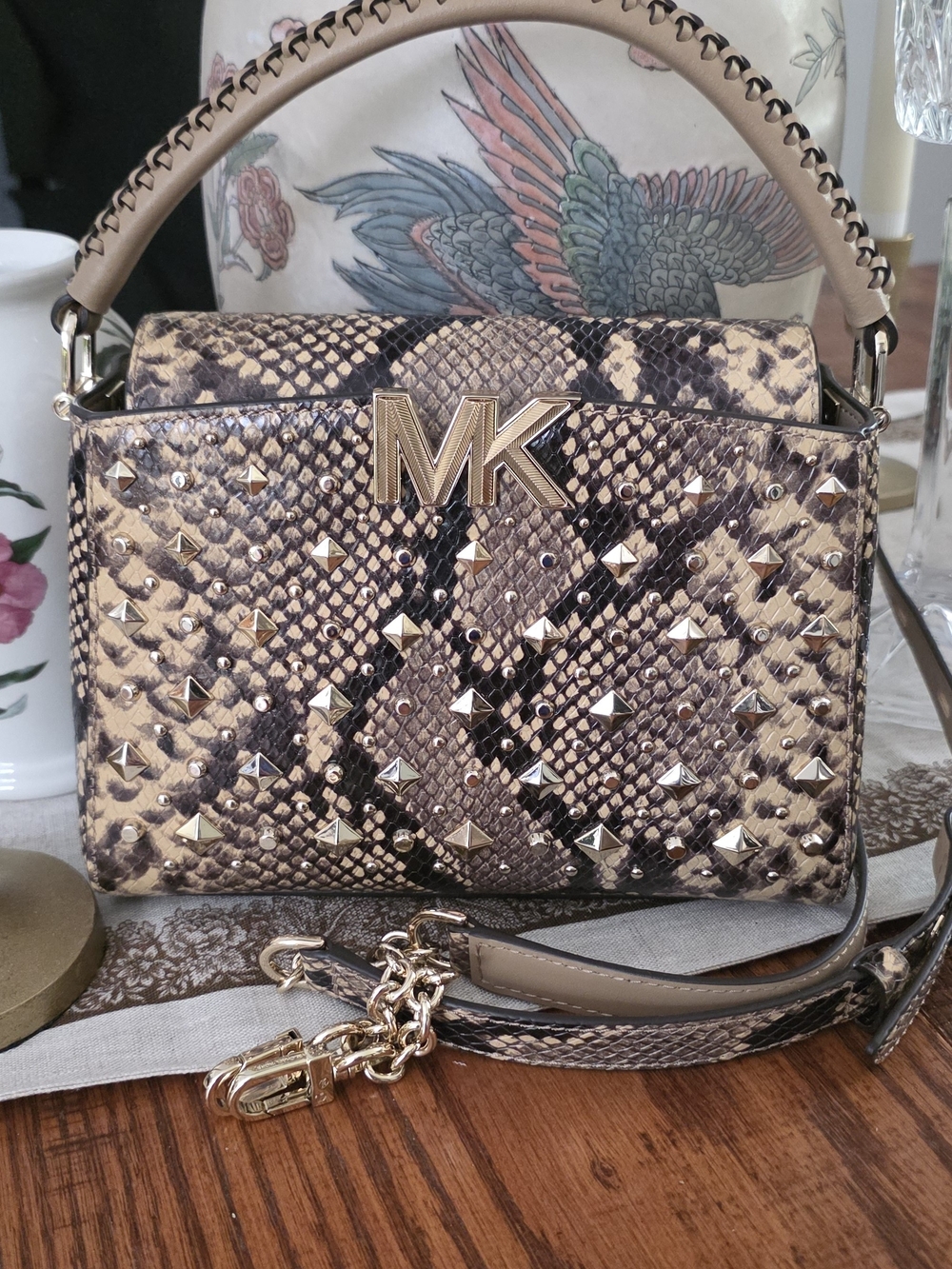 Michael Kors Beige Snake-Print Studded Satchel with Gold Hardware